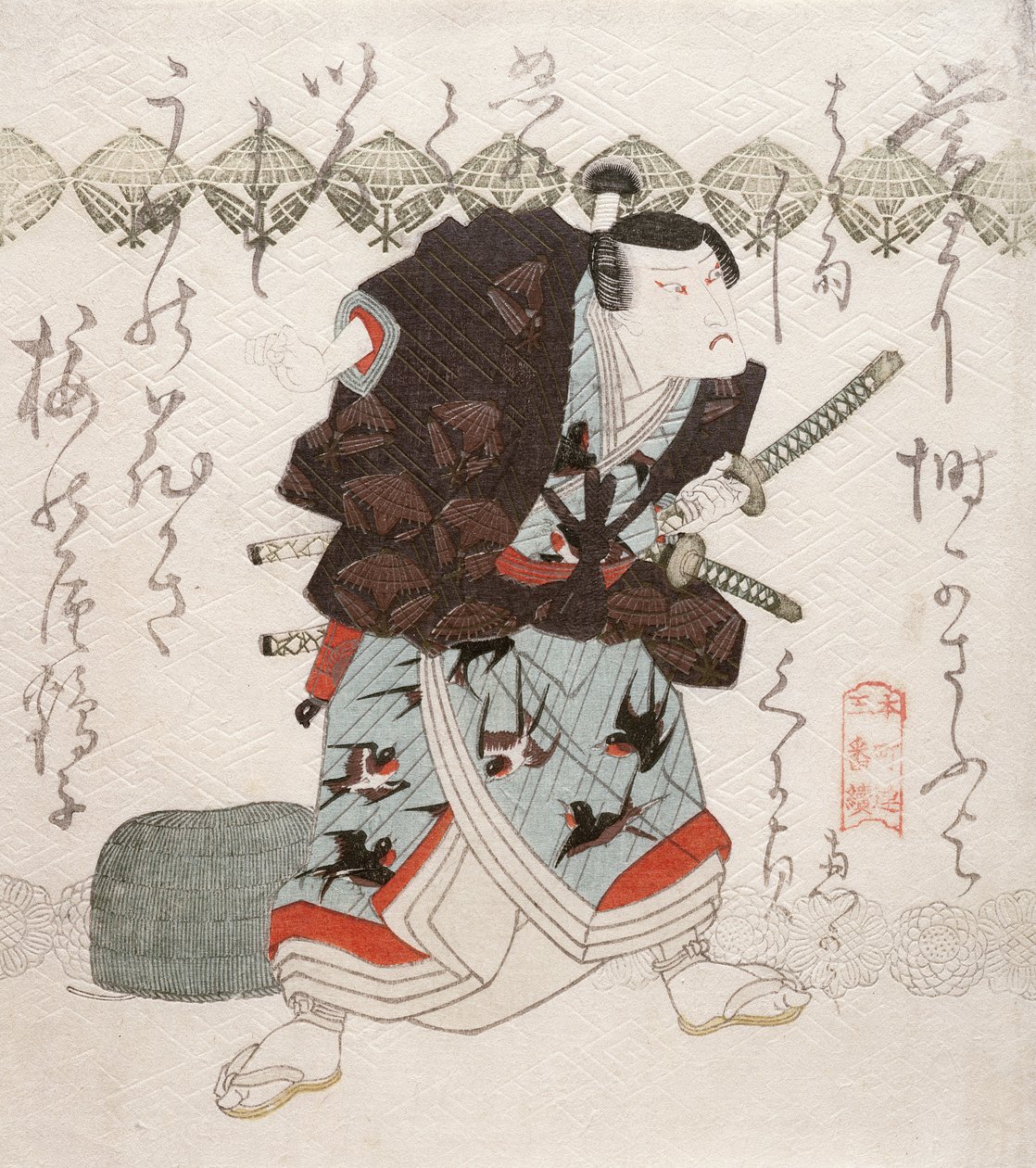 Onoe Kikugoro III als Nagoya Sanza in der Saya-ate (Scheidenkollision) Szene, ca. 1827-30 von Utagawa Kunisada