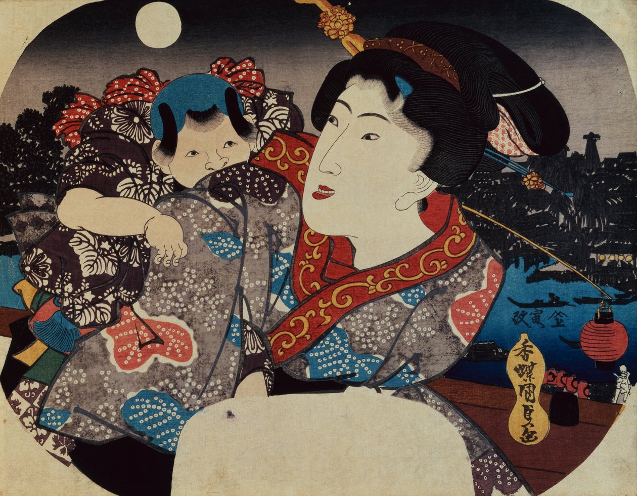 Eine Frau trägt ein Kind auf ihrem Rücken von Utagawa Kunisada