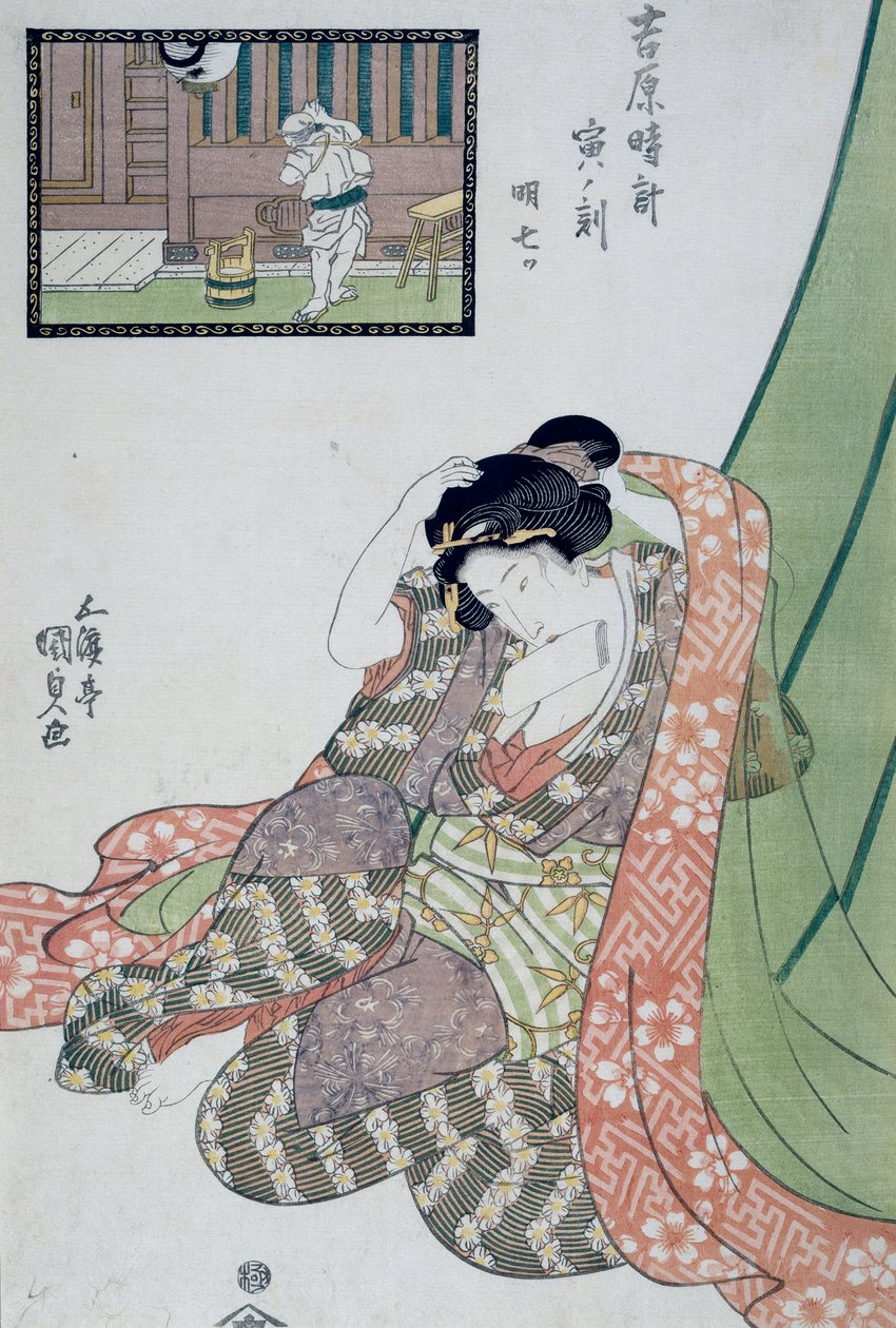 Stunde des Drachen, fünfte bis siebte Stunde des Morgens, ca. 1818, Ukiyo-e Kunstdruck von Utagawa Kunisada aus Die zwölf Stunden in Yoshiwara, Oban-tate-e Holzschnitt von Utagawa Kunisada