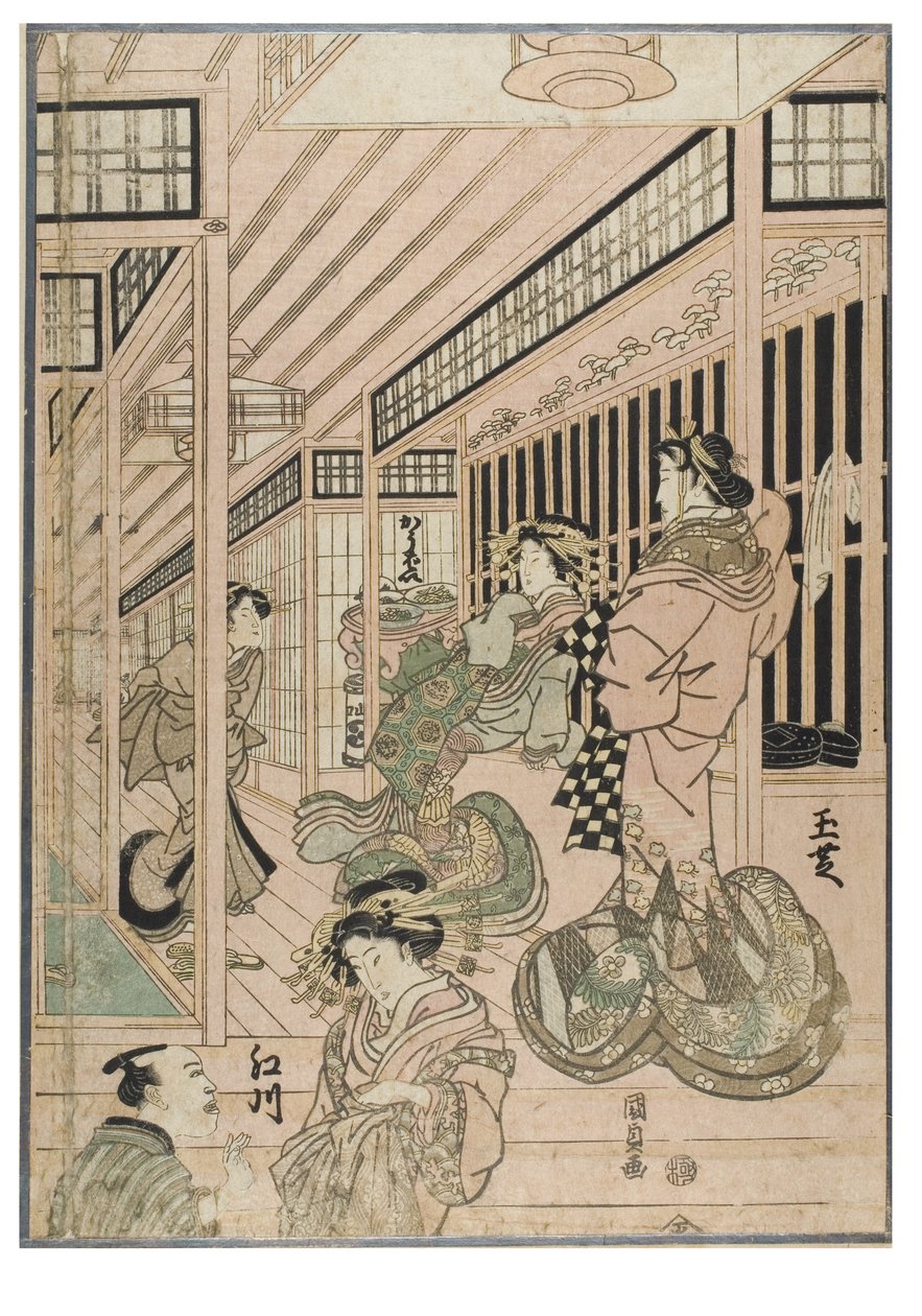 Szene aus dem Shin Yoshiwara (Triptychon). Bordellinterieur im Yoshiwara-Viertel mit Kurtisanen und Kunden von Utagawa (1786-1865) Kunisada