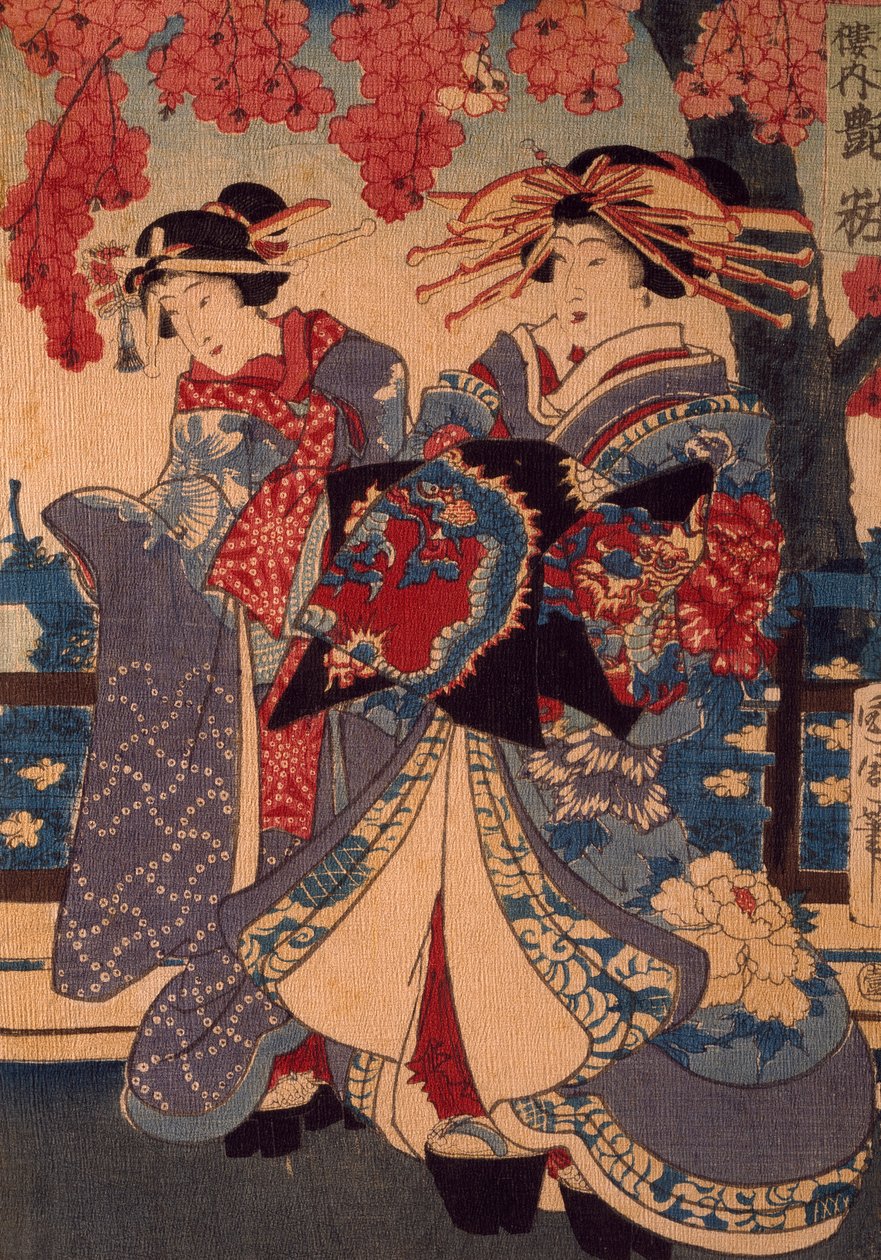 Zwei Frauen in einem Blumengarten, von Utagawa Kunisada, Holzschnitt, Crepon-Technik von Utagawa Kunisada