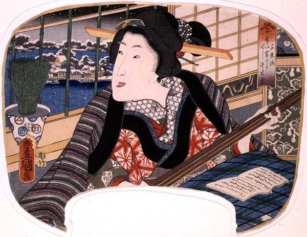 Winter, Shinobazu-Teich; Eine Geisha übt eine Ballade, Entwurf für einen Fächer aus einem Satz von vier, die die Jahreszeiten darstellen von Utagawa Kunisada