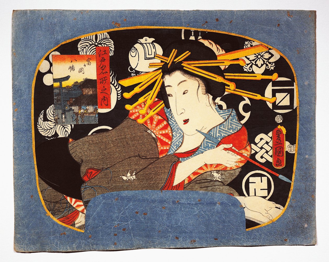 Kurtisane mit langer Pfeife, Hachiman-Tempel im linken Inset von Utagawa Kunisada