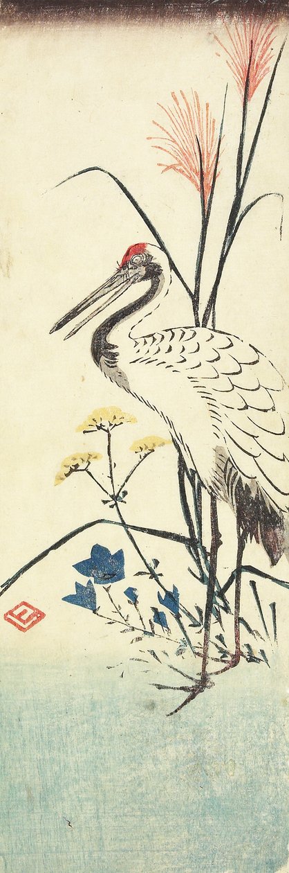 (Pampasgras, Patrinia, Chinesische Glockenblume und ein Kranich), 1830-1858 von Utagawa Hiroshige