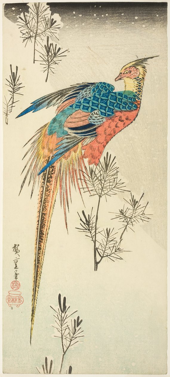 Ein Goldfasan auf einem steilen verschneiten Hang zwischen kleinen Kiefern von Utagawa Hiroshige