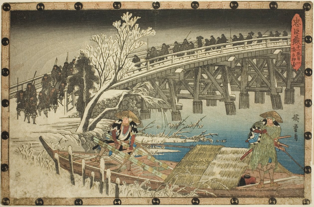 Akt 11, Teil 1: Der Anmarsch zum nächtlichen Angriff, aus der Serie "Die Rache der treuen Vasallen" von Utagawa Hiroshige