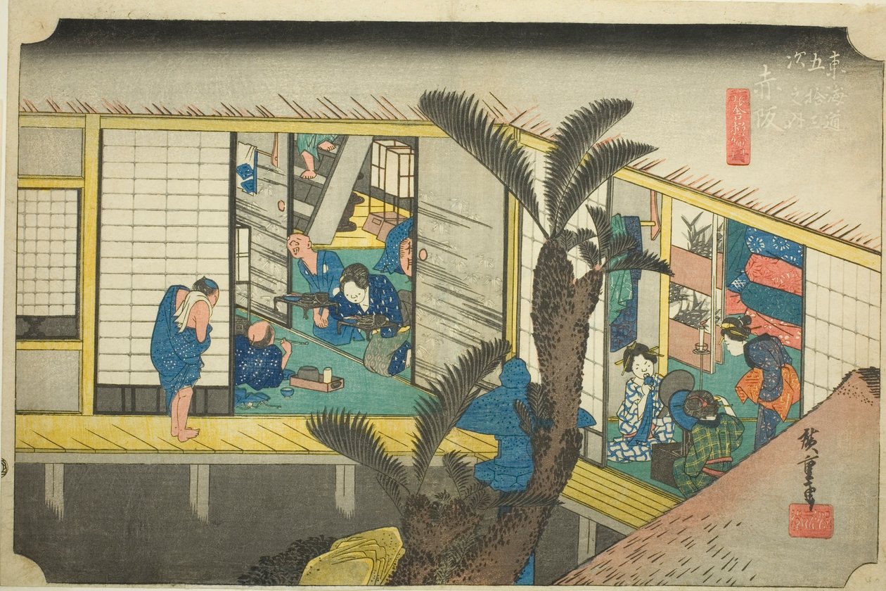 Akasaka: Kellnerinnen in einem Gasthaus, aus der Serie "Dreiundfünfzig Stationen des Tokaido" von Utagawa Hiroshige