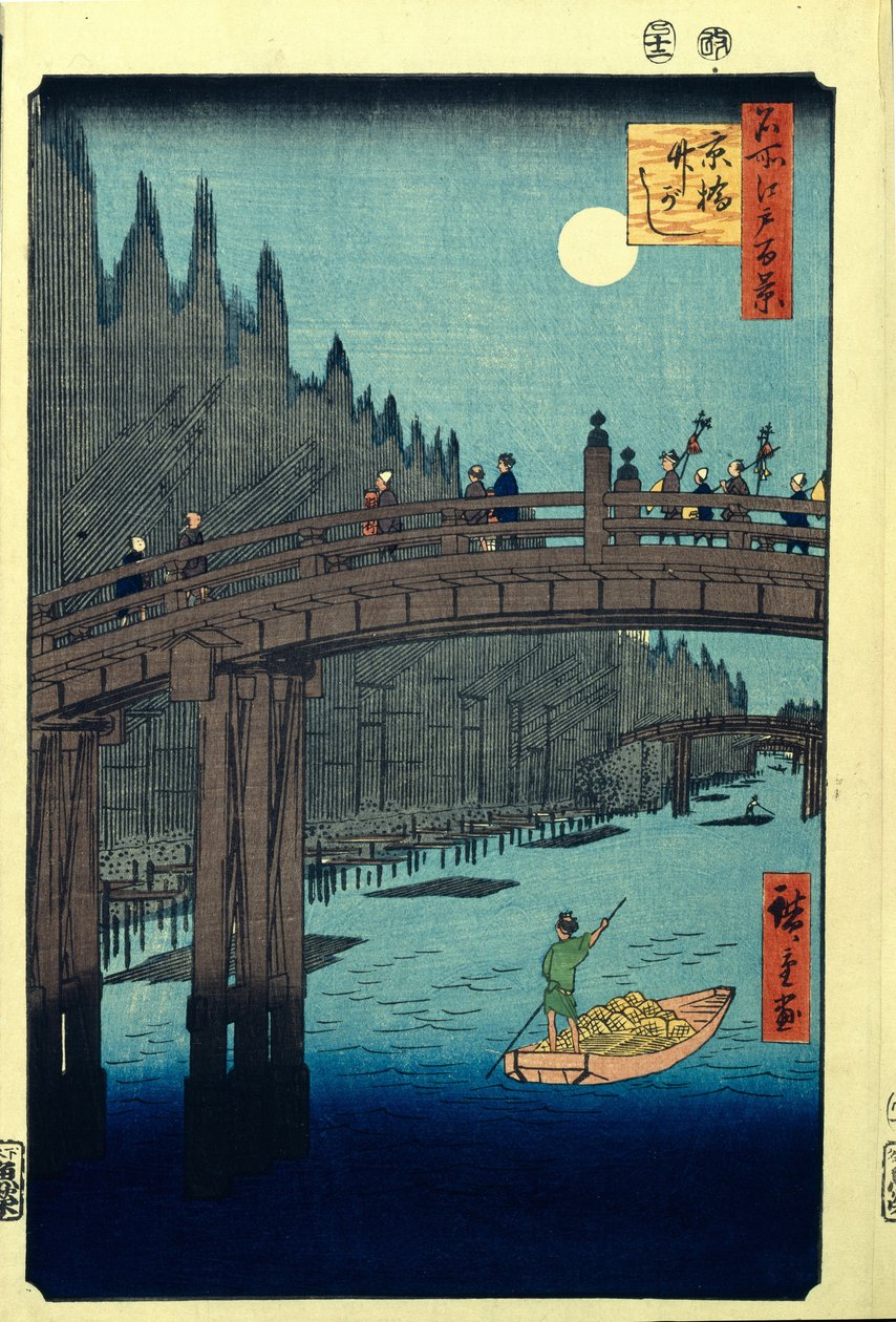Bambus-Kai bei der Kyobashi-Brücke. Hundert berühmte Ansichten von Edo von Utagawa Hiroshige