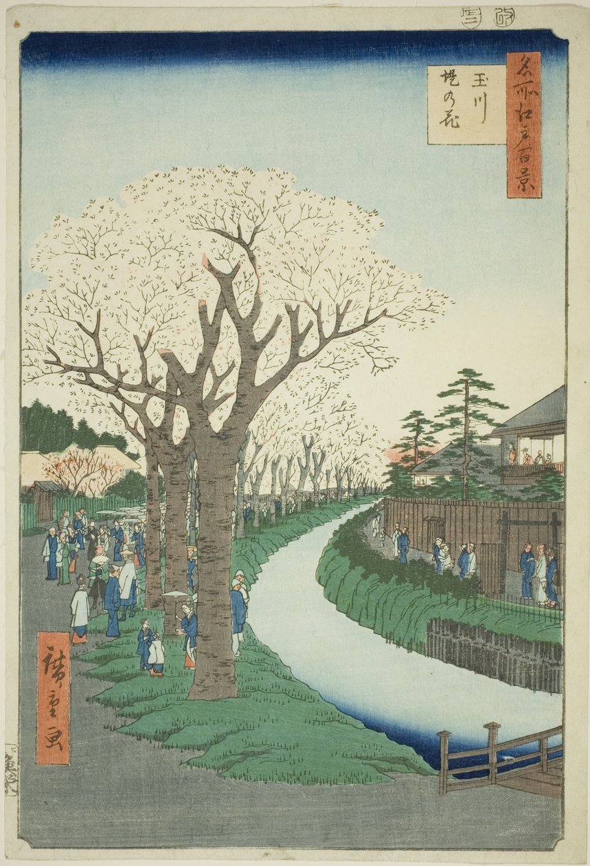 Blüten am Damm des Tama-Flusses (Tamagawa-zutsumi no hana), aus der Serie Einhundert berühmte Ansichten von Edo (Meisho Edo hyakkei) von Utagawa Hiroshige
