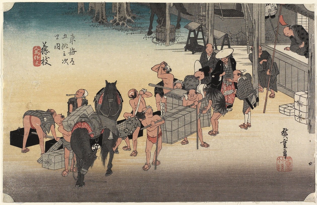 Wechselnde Träger und Pferde, Fujieda, ca. 1833 von Utagawa Hiroshige