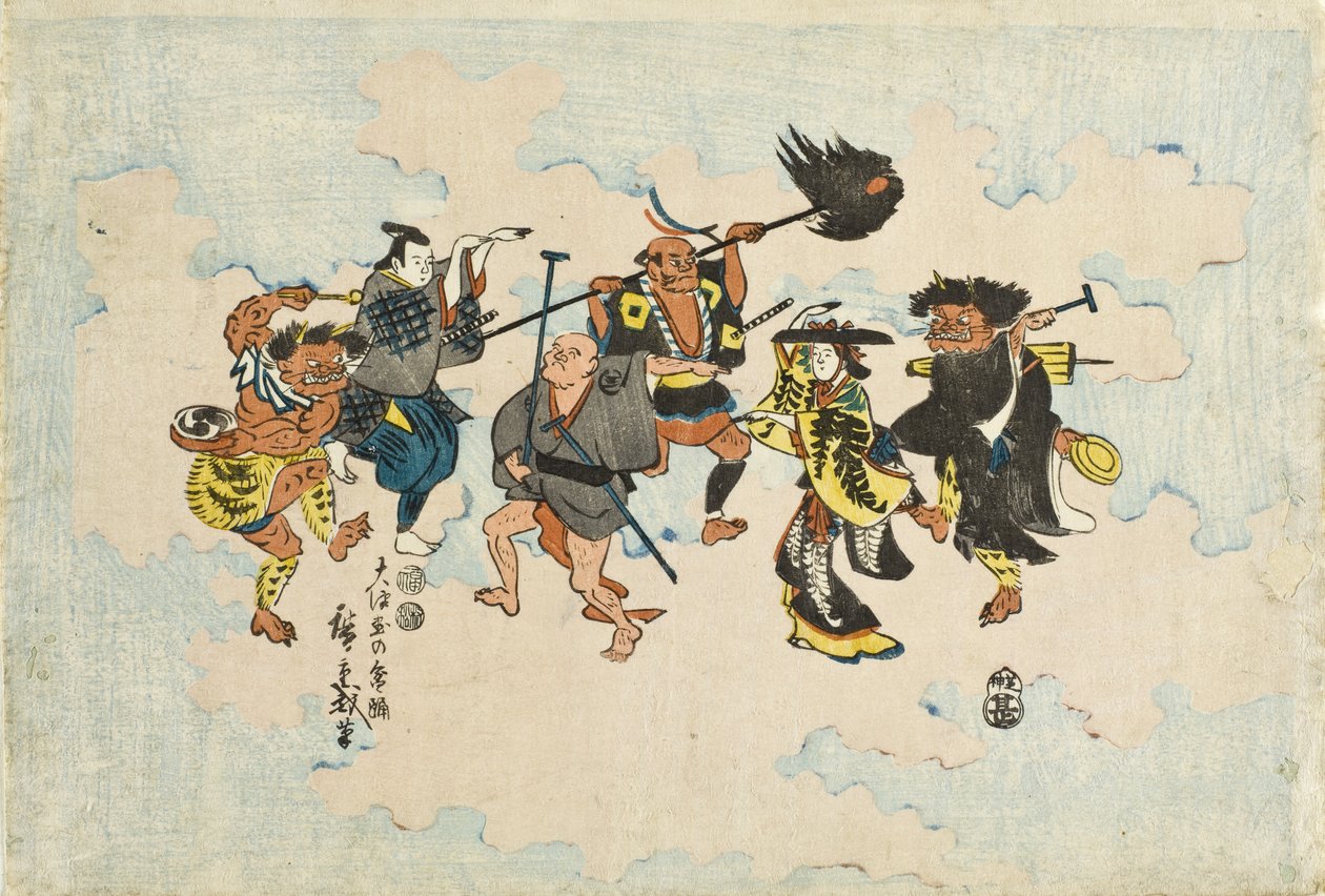 Charaktere aus Ōtsu-e Volksmalereien tanzen Bon-odori von Utagawa Hiroshige