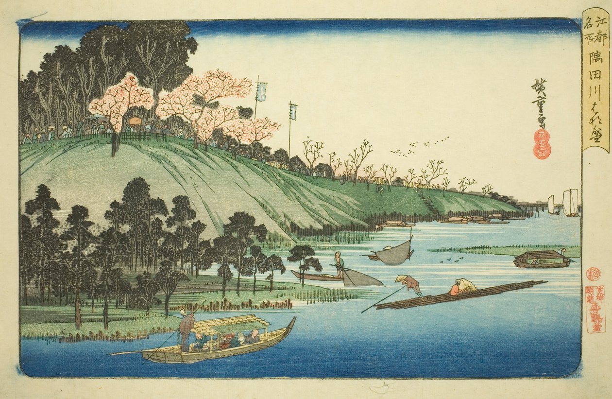 Kirschblüten in voller Blüte entlang des Sumida-Flusses (Sumidagawa hanazakari), aus der Serie "Berühmte Orte in Edo (Koto meisho)" von Utagawa Hiroshige