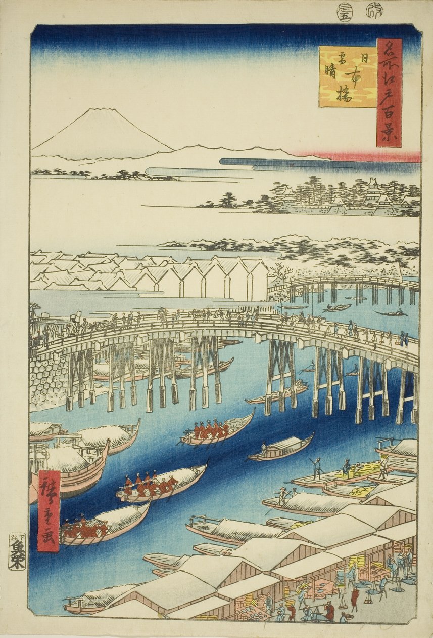 Klares Wetter nach Schnee an der Nihon-Brücke, aus der Serie "Hundert berühmte Ansichten von Edo" von Utagawa Hiroshige
