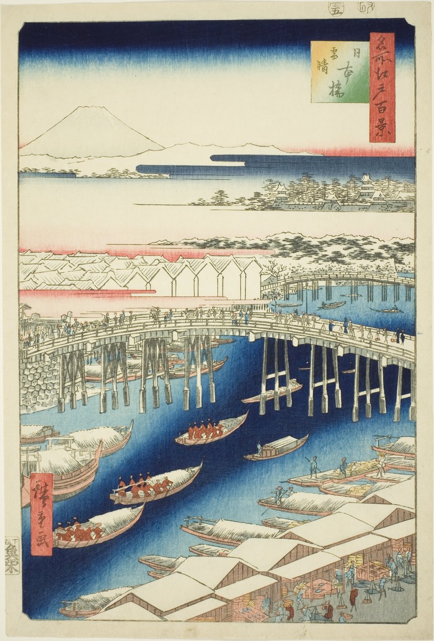 Klares Wetter nach Schnee an der Nihon-Brücke (Nihonbashi yukibare), aus der Serie "Hundert berühmte Ansichten von Edo (Meisho Edo hyakkei)" von Utagawa Hiroshige