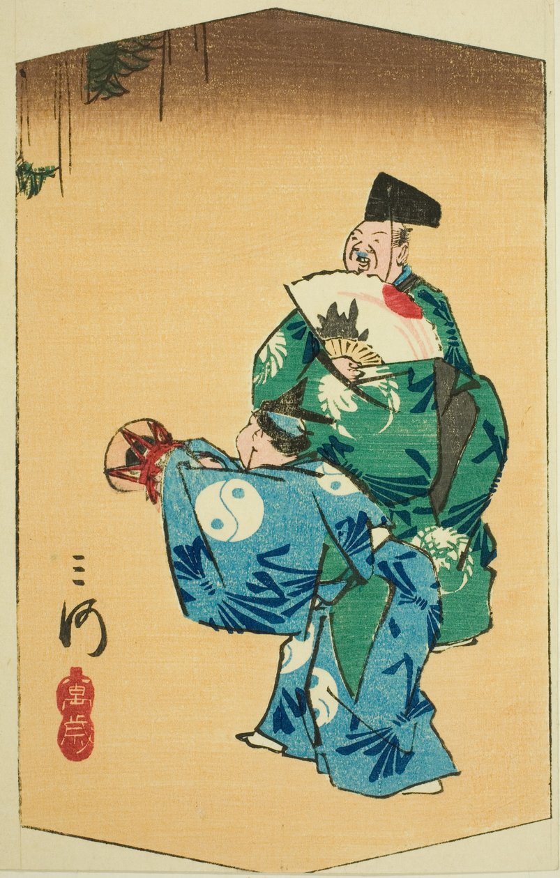 Komische Tänzer in der Provinz Mikawa, Abschnitt von Blatt Nr. 4 aus der Serie "Ausschnittbilder der Provinzen" von Utagawa Hiroshige