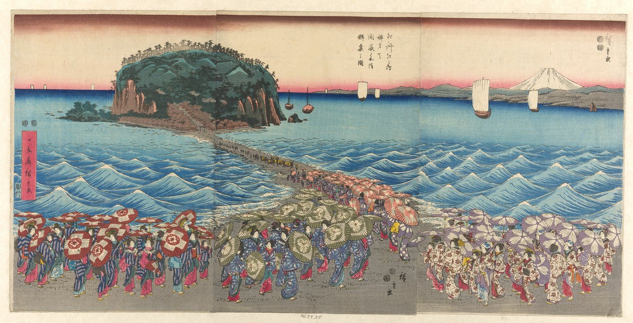 Menschenmenge besucht den Benzaiten-Schrein in Enoshima in der Provinz Sagami (Soshu Enoshima Benzaiten kaicho sankei gunshu no zu) von Utagawa Hiroshige