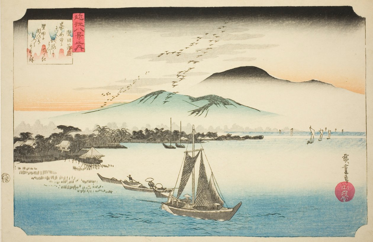 Absteigende Gänse in Katada, aus der Serie "Acht Ansichten von Omi" von Utagawa Hiroshige