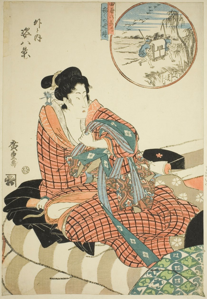 Absteigende Gänse auf den Reisfeldern und Abendglocke des Morgens danach, aus der Serie "Acht Ansichten von Figuren drinnen und draußen" von Utagawa Hiroshige