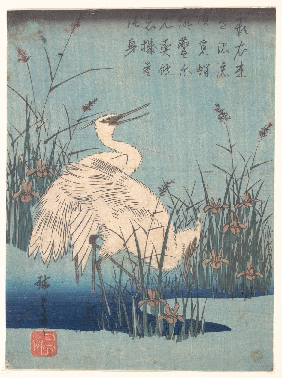 Reiher in Iris und Gräsern von Utagawa Hiroshige