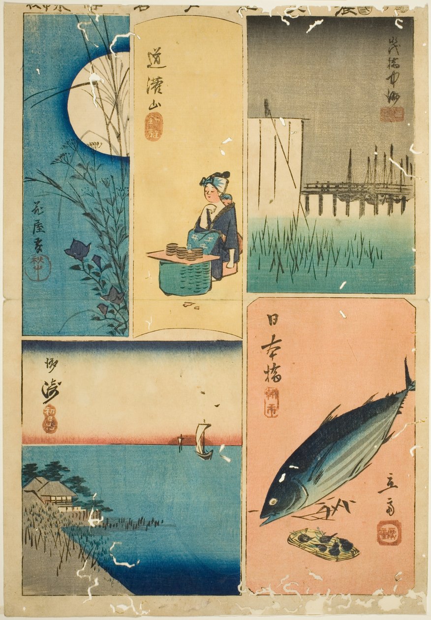 Eitai-Brücke, Nihon-Brücke, Susaki, Blumengarten und Dokan-Hügel (Eitaibashi, Nihonbashi, Susaki, Hanayashiki, Dokanyama), aus der Serie "Ausschnitte berühmter Orte in Edo (Harimaze Koto meisho)" von Utagawa Hiroshige