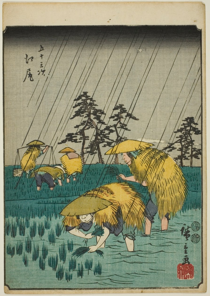 Ejiri, aus der Serie "Dreiundfünfzig Stationen [des Tokaido] (Gojusan tsugi)," auch bekannt als die Figuren-Tokaido (Jinbutsu Tokaido) von Utagawa Hiroshige