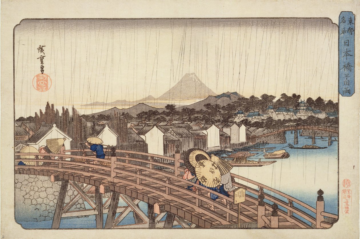 Abendregen an der Nihonbashi-Brücke, aus Berühmte Orte der östlichen Hauptstadt, ca. 1832 von Utagawa Hiroshige