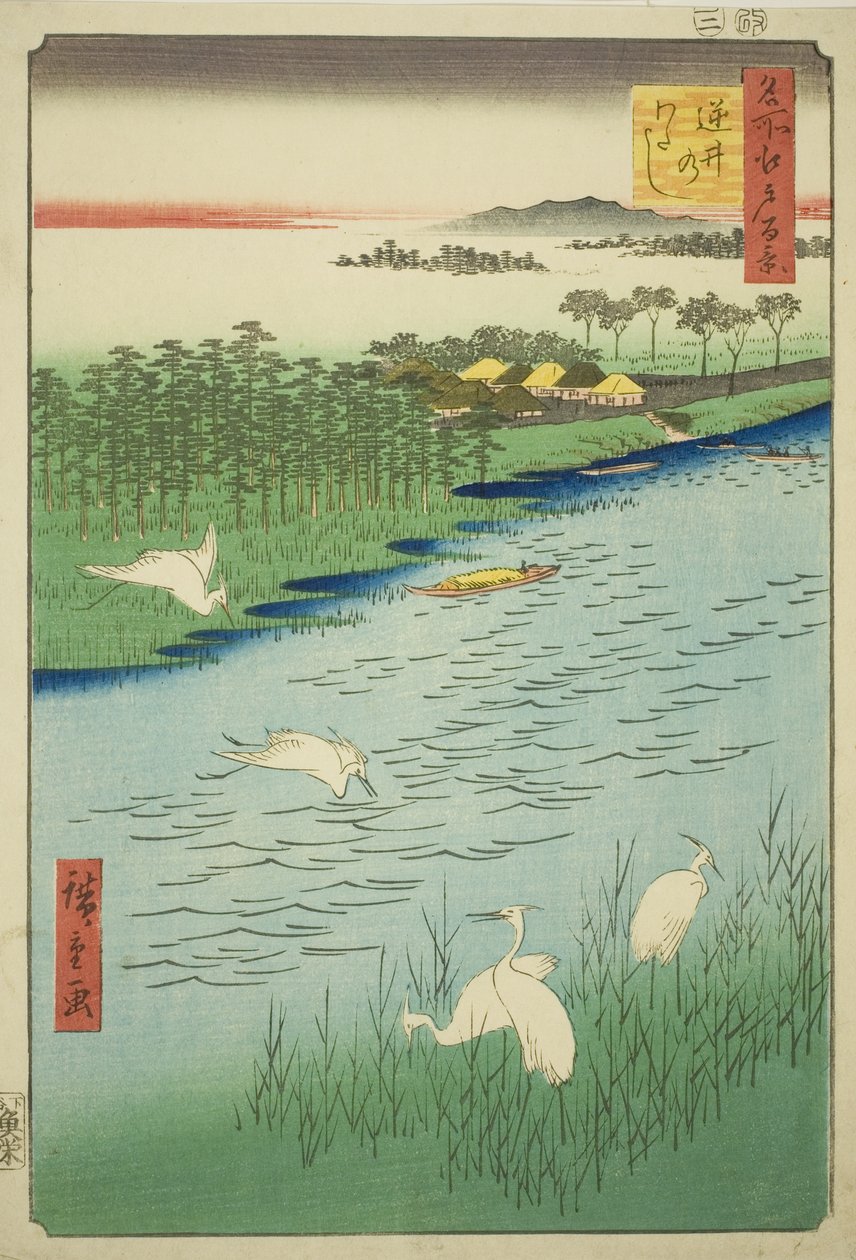 Fährüberfahrt bei Sakasai (Sakasai no watashi), aus der Serie "Hundert berühmte Ansichten von Edo (Meisho Edo hyakkei)" von Utagawa Hiroshige