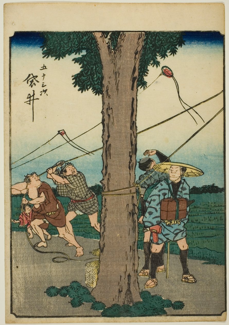Fukuroi, aus der Serie "Dreiundfünfzig Stationen [des Tokaido] (Gojusan tsugi)", auch bekannt als der Figuren-Tokaido (Jinbutsu Tokaido) von Utagawa Hiroshige