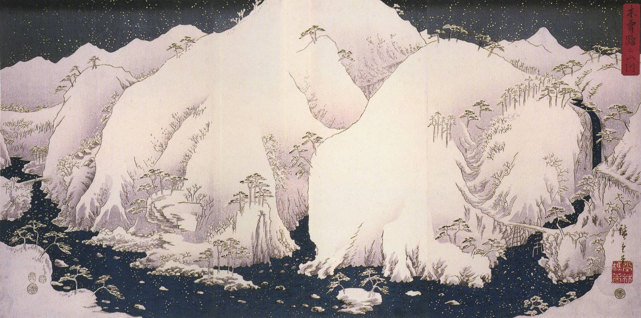 Ein Fluss zwischen schneebedeckten Bergen von Utagawa Hiroshige