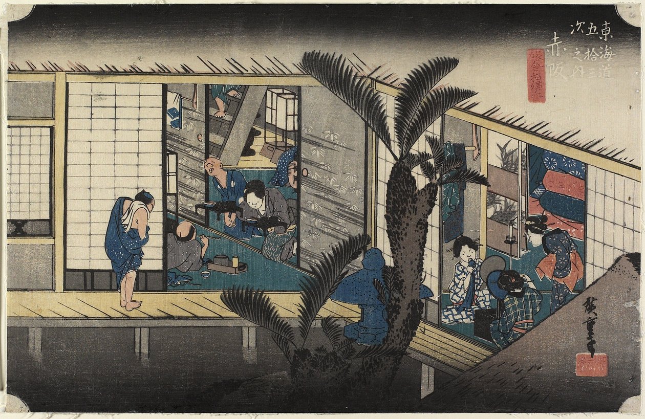 Gasthaus mit Dienstmädchen, Akasaka von Utagawa Hiroshige