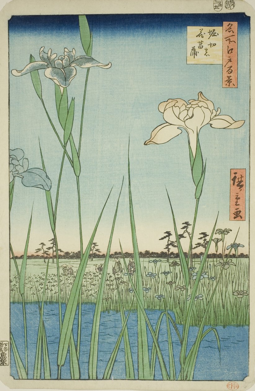 Schwertlilien in Horikiri (Horikiri no hanashobu), aus der Serie "Hundert berühmte Ansichten von Edo (Meisho Edo hyakkei)" von Utagawa Hiroshige