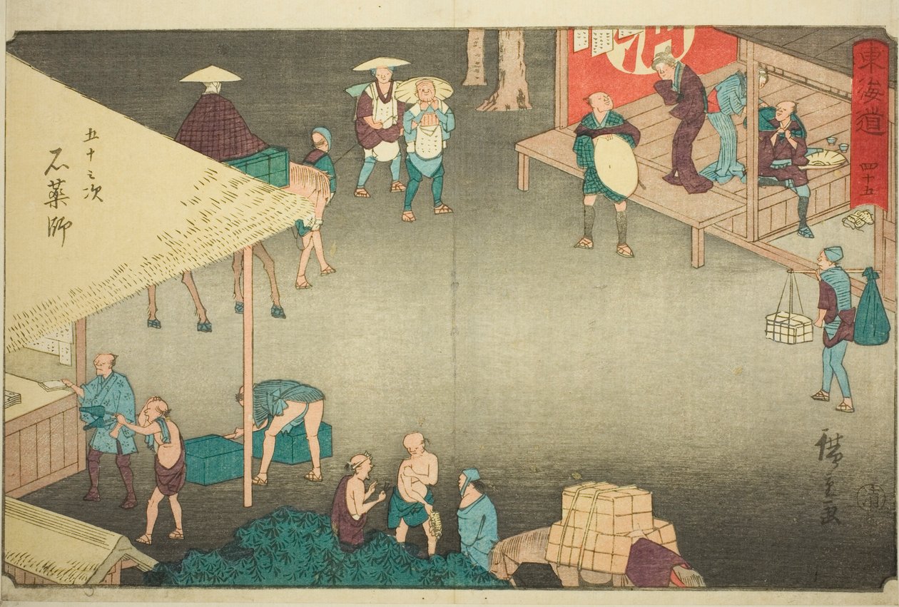 Ishiyakushi—Nr. 45, aus der Serie "Dreiundfünfzig Stationen des Tokaido (Tokaido gojusan tsugi)," auch bekannt als der Reisho Tokaido von Utagawa Hiroshige