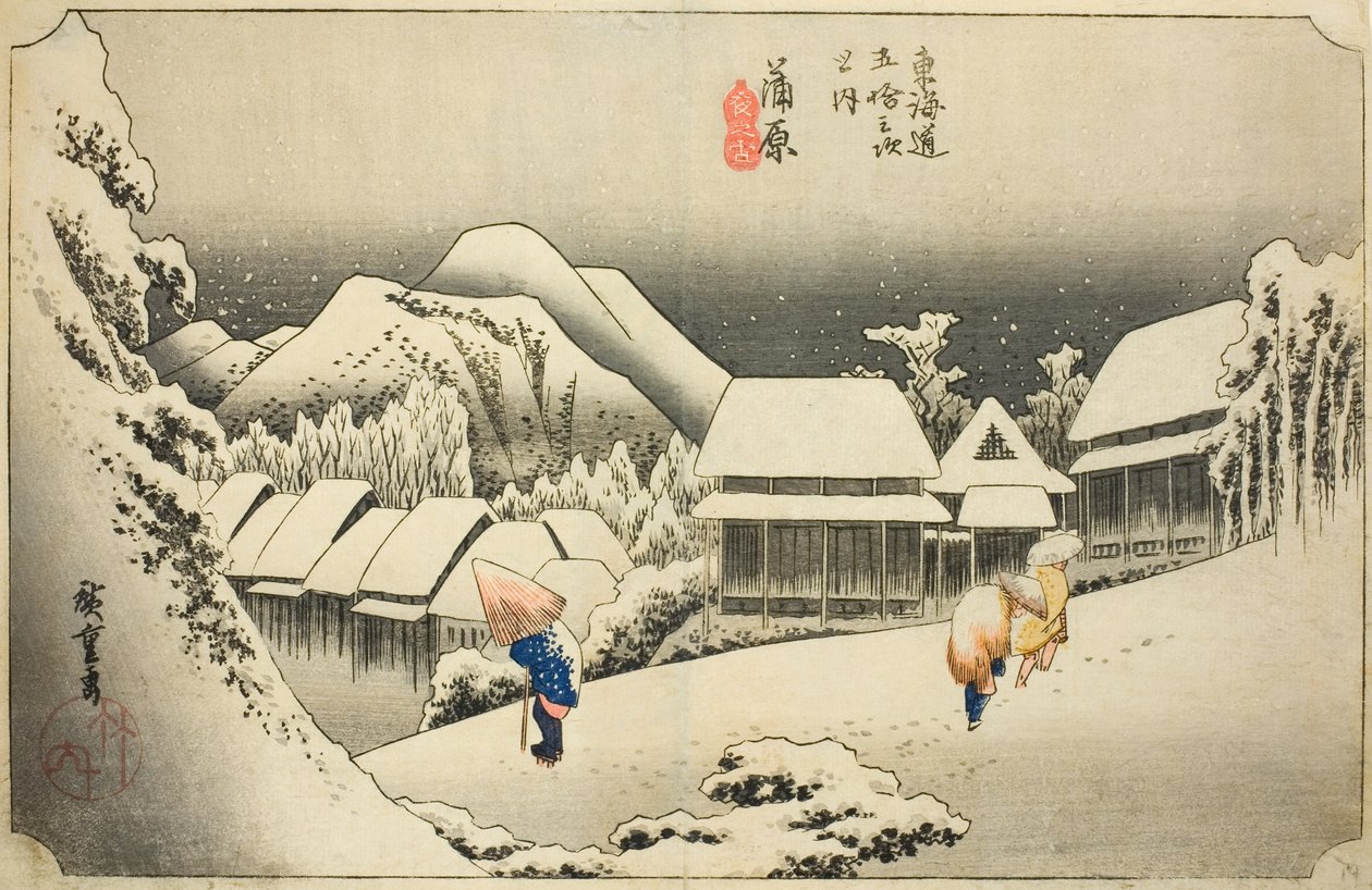 Kanbara: Abendschnee, aus der Serie Dreiundfünfzig Stationen des Tokaido, auch bekannt als der Hoeido Tokaido von Utagawa Hiroshige