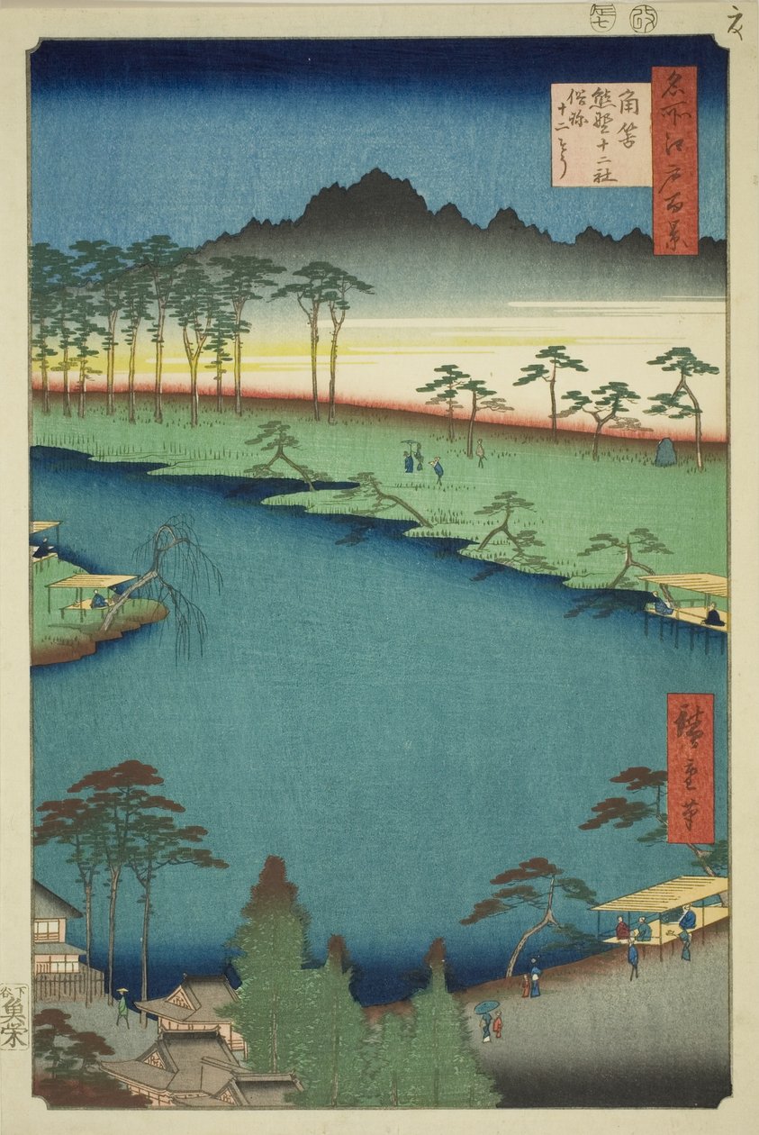 Kumano Junisha-Schrein in Tsunohazu, allgemein bekannt als Juniso, aus der Serie "Hundert berühmte Ansichten von Edo" von Utagawa Hiroshige