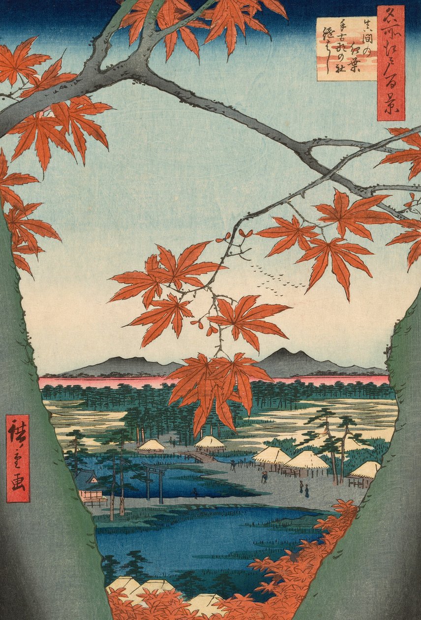Ahornbäume bei Mama, Tekona-Schrein und Tsugi-Brücke, aus der Serie "Hundert berühmte Ansichten von Edo" von Utagawa Hiroshige