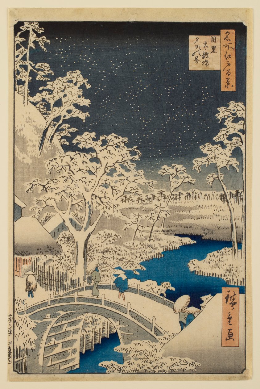 Meguro-Trommelbrücke und Sonnenuntergangshügel, aus der Serie „Hundert berühmte Ansichten von Edo“ von Utagawa Hiroshige