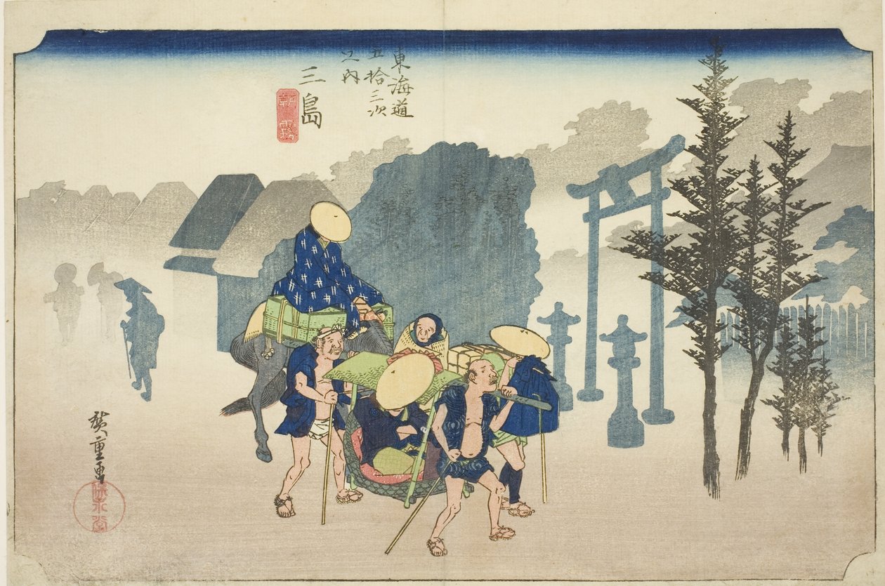 Mishima: Morgennebel, aus der Serie "Dreiundfünfzig Stationen der Tokaido-Straße," auch bekannt als Hoeido Tokaido von Utagawa Hiroshige