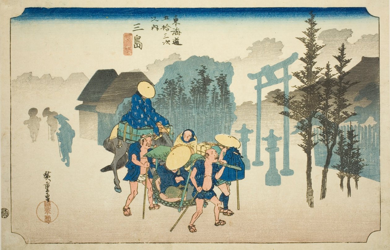 Mishima: Morgennebel (Mishima, asagiri), aus der Serie "Dreiundfünfzig Stationen der Tokaido-Straße (Tokaido gojusan tsugi no uchi)", auch bekannt als Hoeido Tokaido von Utagawa Hiroshige