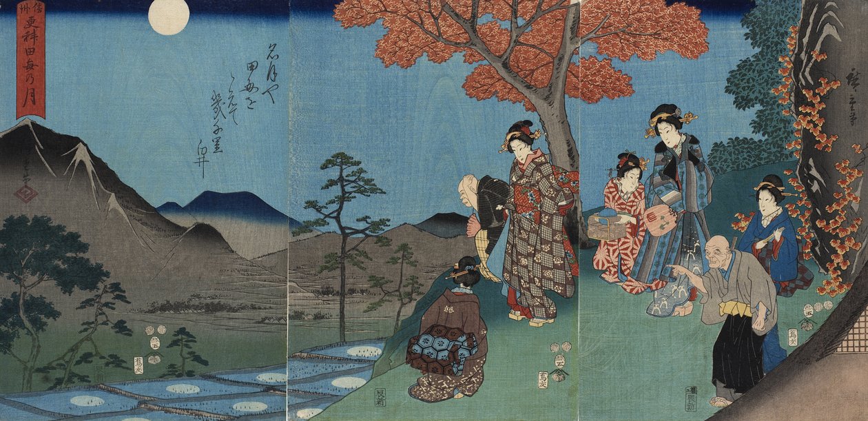Mond spiegelt sich in den Reisfeldern bei Sarashina in der Provinz Shinano von Utagawa Hiroshige
