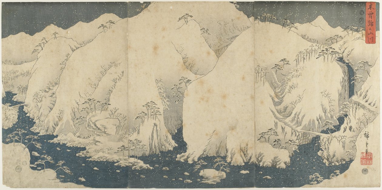 Berg und Fluss am Kiso-Pass, August 1857 von Utagawa Hiroshige