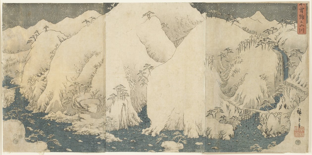 Berg und Fluss am Kiso-Pass, August 1857 von Utagawa Hiroshige