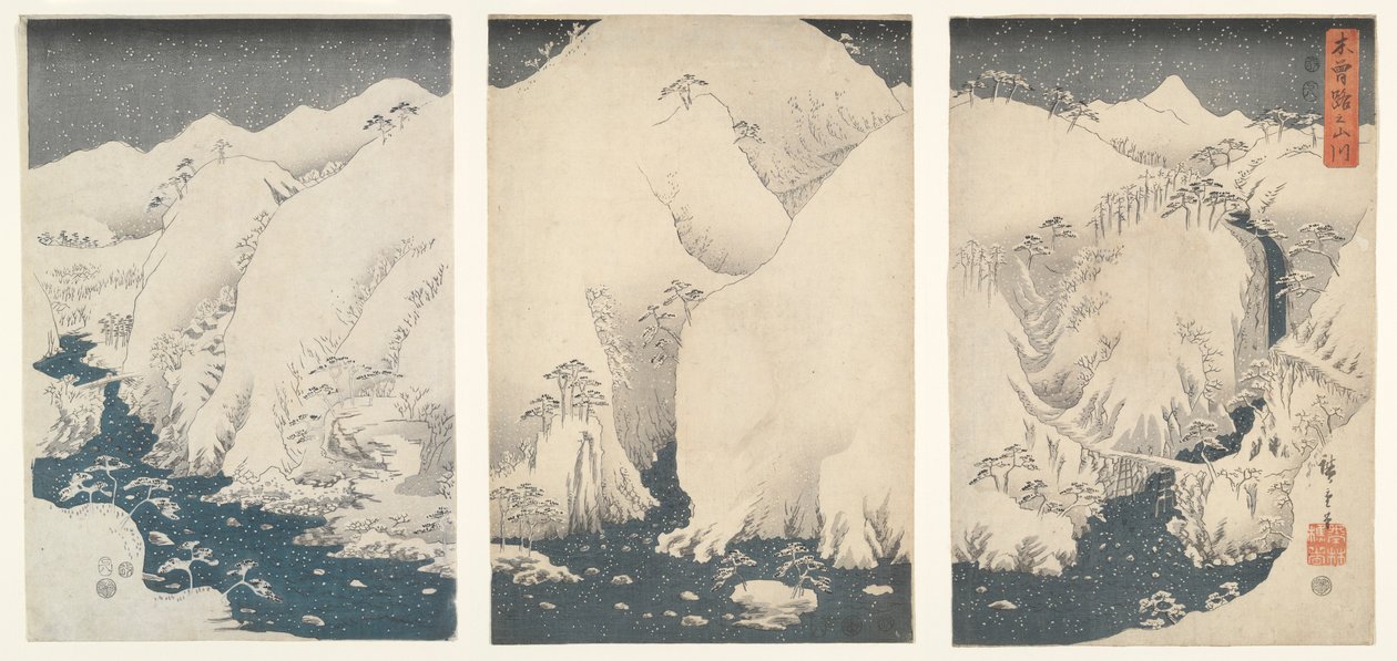 Berge und Flüsse entlang der Kiso-Straße im Schnee von Utagawa Hiroshige