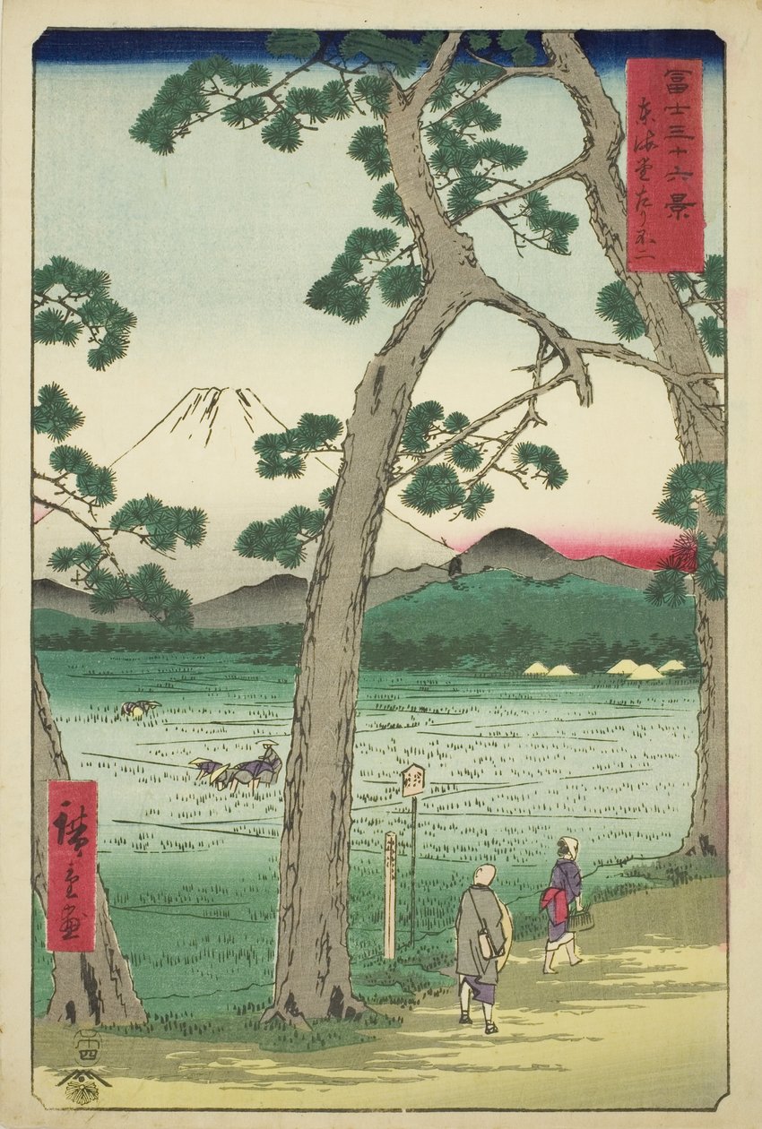 Berg Fuji von links auf der Tokaido-Straße (Tokaido hidari Fuji), aus der Serie "Sechsunddreißig Ansichten des Berges Fuji (Fuji sanjurokkei)" von Utagawa Hiroshige