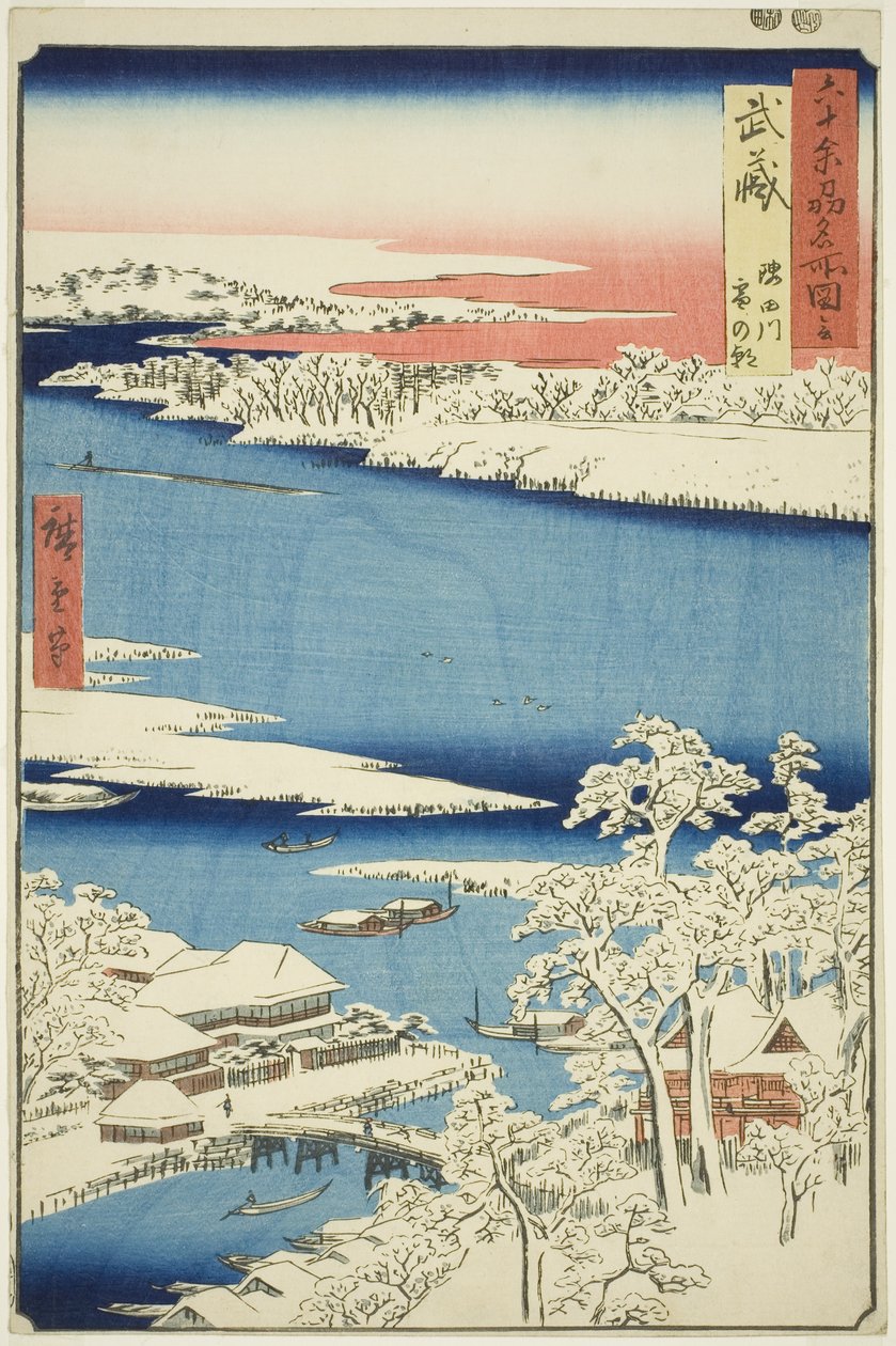 Provinz Musashi: Morgen nach Schnee am Sumida-Fluss (Musashi, Sumidagawa yuki no ashita), aus der Serie "Berühmte Orte in den sechzig Provinzen (Rokujuyoshu meisho zue)" von Utagawa Hiroshige