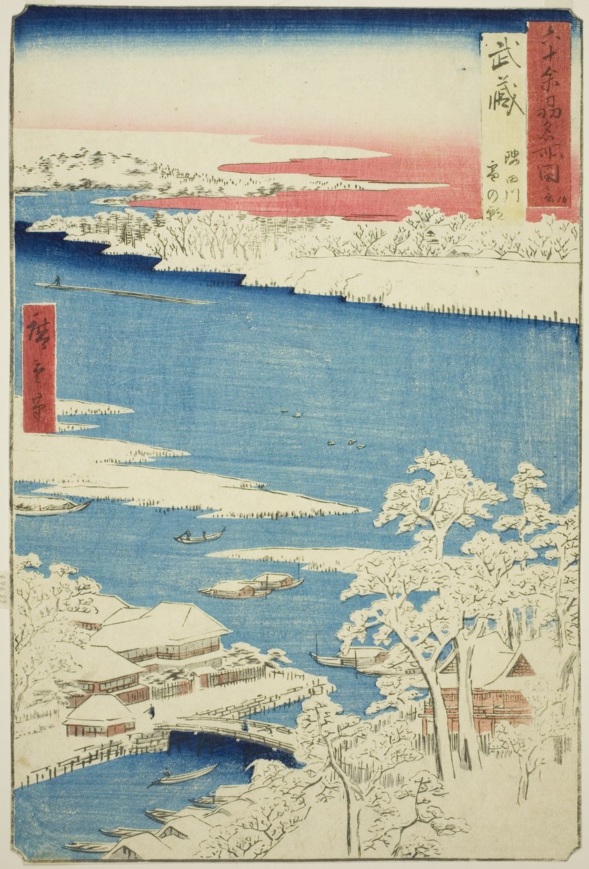 Provinz Musashi: Morgen nach Schnee am Sumida-Fluss (Musashi, Sumidagawa yuki no ashita), aus der Serie "Berühmte Orte in den sechzig Provinzen (Rokujuyoshu meisho zue)" von Utagawa Hiroshige