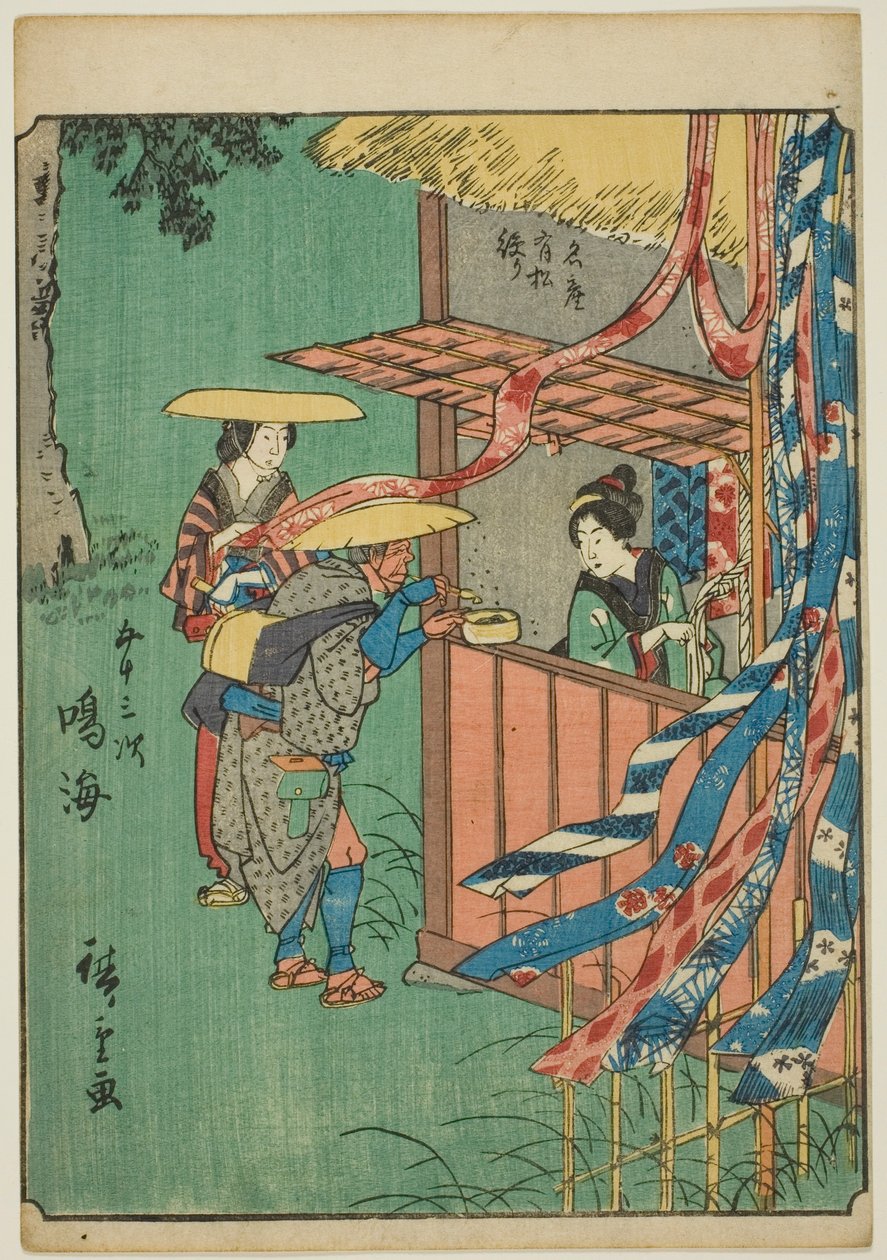 Narumi, aus der Serie "Dreiundfünfzig Stationen [des Tokaido] (Gojusan tsugi)," auch bekannt als die Figuren-Tokaido (Jinbutsu Tokaido) von Utagawa Hiroshige