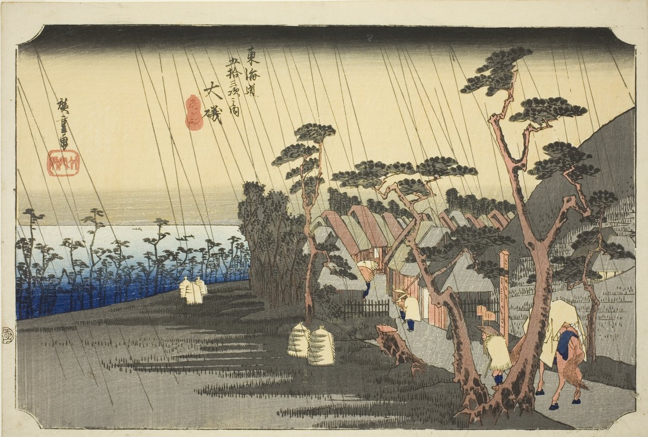 Oiso: Toras Regen, aus der Serie „Dreiundfünfzig Stationen der Tokaido-Straße“, auch bekannt als Hoeido Tokaido von Utagawa Hiroshige