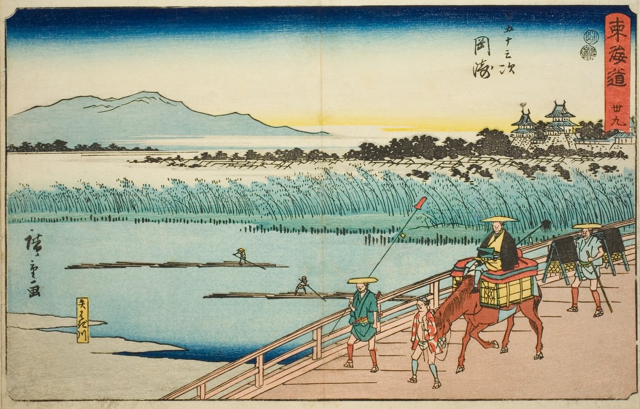 Okazaki: Yahagi-Fluss—Nr. 39, aus der Serie "Fifty-three Stations of the Tokaido," auch bekannt als Reisho Tokaido von Utagawa Hiroshige