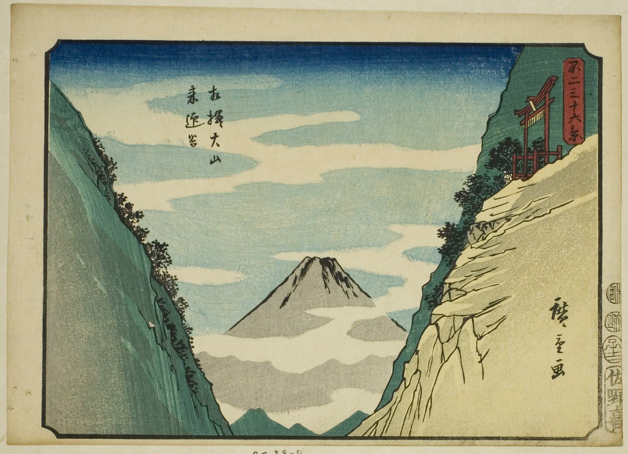 Raigo-Tal bei Oyama in der Provinz Sagami (Sagami Oyama Raigodani), aus der Serie "Sechsunddreißig Ansichten des Berges Fuji (Fuji sanjurokkei)" von Utagawa Hiroshige