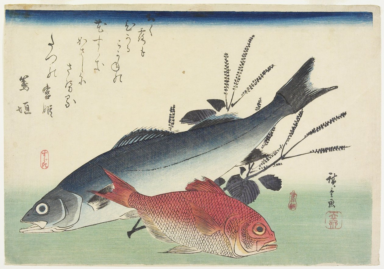 Roter Schnapper, Seebarsch und Perilla, ca. 1840 von Utagawa Hiroshige